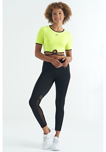 Tommy Life Neon Sarı Bel Bağlama Detaylı O Yaka Standart Kalıp Dalgıç Kumaş Kadın Crop T-shirt - 97266 Neon Sarı
