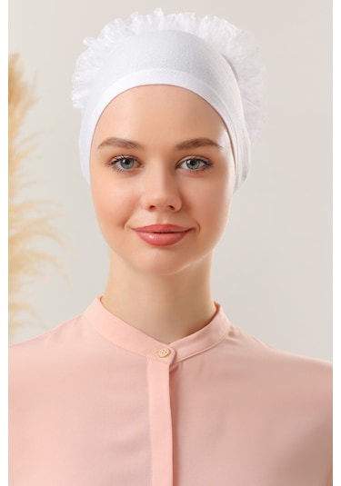 Tesettür Fırfırlı Bone Beyaz Beyaz