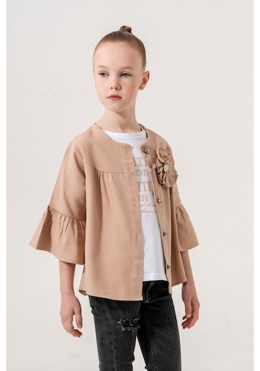 Kız Çocuk Çiçek Gömlekli İkili Kız Takım 3127 Bej