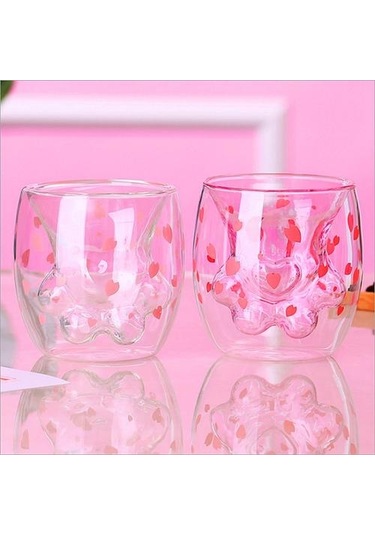 Kedi Pençe Kupası Yaratıcı Cam Çift Katmanlı Kahve Süt Kupası Kiraz Çiçeği Toz Ev Şeffaf Yalıtım Cam Su Kupası Kupalar Pembe Altın