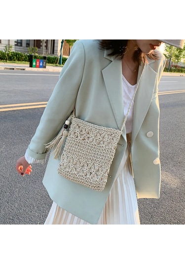 Fosenze Bej Kağıt Ip Örgülü Askılı Çanta - El Yapımı, Boşluklu Detaylı, Yaz Tatili Ve Plaj İçin Sık Kullanımlı Çanta Bej