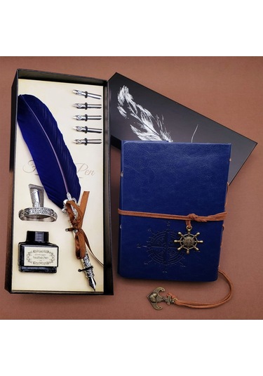 Deri Defter Ve Tüylü Kalem Hediye Seti