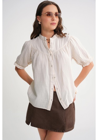 4725 Kadın Büzgü Robalı Kolu Fırfırlı Müslin Gömlek Naturel Naturel