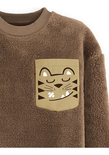 Denokids Kaplan Oversize Erkek Çocuk Peluş Sweatshirt - Kahverengi