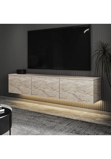 Neon Led Işıklı Duvara Monte,3 Kapaklı Tv Ünitesi,tv Sehpası Sandık Ceviz - Bej Bej