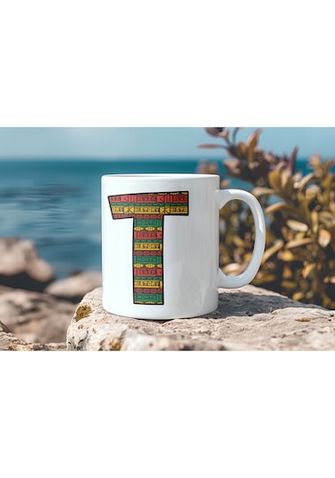 T Harfi Etnik Desenli Kupa - Afrika Tarzı Kahve Çay Kupası - Hediyelik - Black History Beyaz