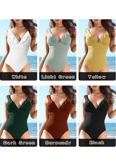 Mufunye Bayanlar İçin Siyah Tek Parça Mayo, Derin V Yaka, Paspas Detaylı, Sırt Bağcıklı, Slim Fit, Asya Beden L Siyah