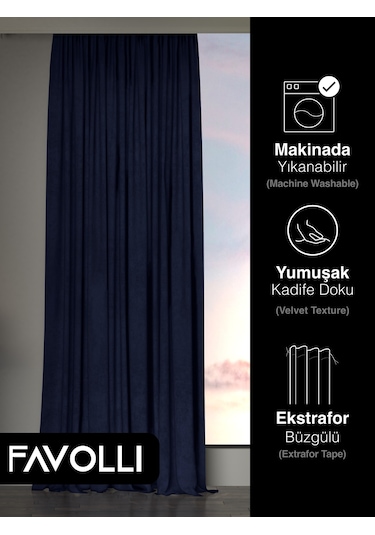 Br Favolli Kadife Dokulu Lacivert Ada Fon Perde Ekstrafor Büzgülü Dream Series Lacivert