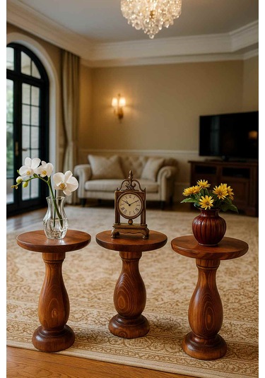 3 Lü Ahşap Mantar Sehpa Seti Meşe Renk Doğal Zigon Ve Fiskos Meşe