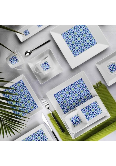 10657 Maya 30 Parça Kahvaltı Takımı Mavi Beyaz - Mavi