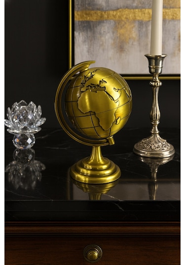 Ofis Ve Ev Dekoru İçin Metal Dünya Küresi Gold Masaüstü Süs, 13x9 Cm