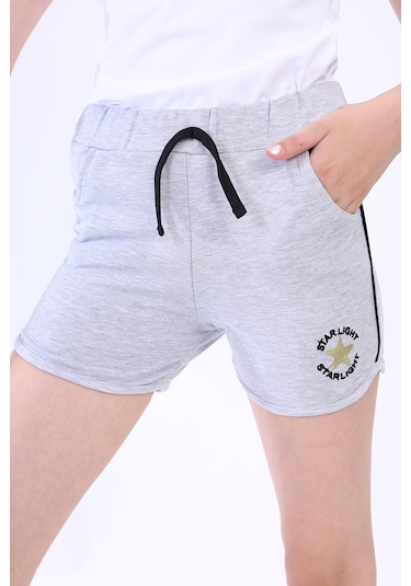 Toontoy Kız Çocuk Yıldız Arma Nakışlı Şort Gri Melanj