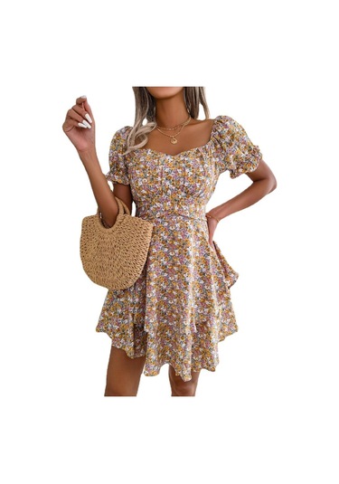 Gmxıa Yaz/ilkbahar Kadın Modası Dar Kesim Kare Yaka Kısa Kollu Elbise Mavi