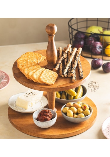 Justwood 2 Katlı Düz Tabaklı Ahşap Kek Pasta Sunumluk Standı, Ser