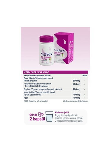 Sidrex Milk Thistle Complex Deve Dikeni Ekstresi ve Enginar Ekstresi İçeren Takviye Edici Gıda 60 Kapsül