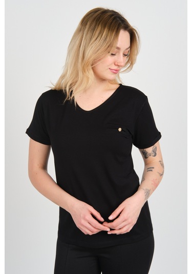Sistas Kadın Kısa Kollu Süs Cep Detaylı Duble Kol Bluz 4110 Siyah Siyah