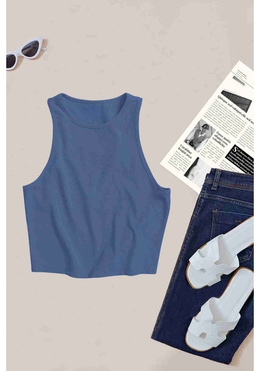 Merry See Tek Renk 1 Adet Kadın Kolsuz Örme Kumaş Bluz Crop Mavi 001