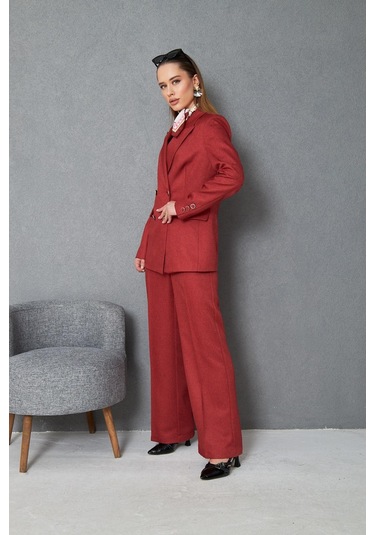 4 Düğmeli Kruvaze Yünefekt Takım Kırmızı Kırmızı