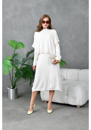 Kadın Dik Yaka Kısa Kol Kazak Uzun Elbise İkili Triko Takım Taş