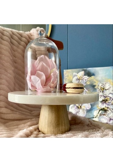 Akayev Mermer 28 Cm Konik Ahşap Ayaklı Beyaz Kalın Yuvarlak Sunum Tabağı Beyaz