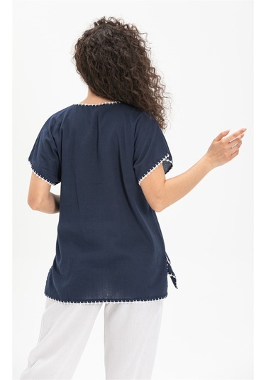 Kısa Kol Şile Bezi Naz Bluz Lacivert Lcvt