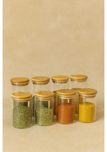 8 Lı Baharatlık Setı 70 X 100-70 X 150-bambu Kapak-cam Baharatlık-300 Ml-500ml Beyaz