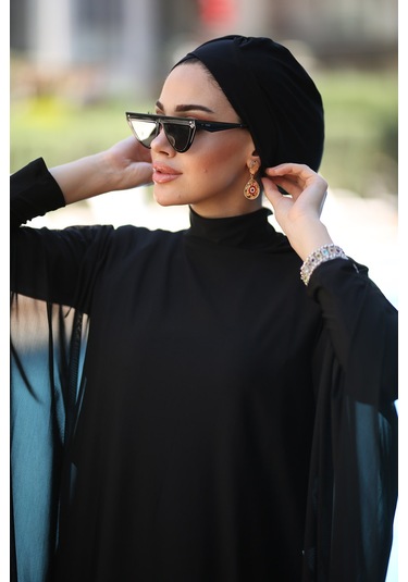 Remsa Mayo Tesettür Mayo Üzerine Desenli Tek Kaftan Pareo Rp001 Siyah Siyah