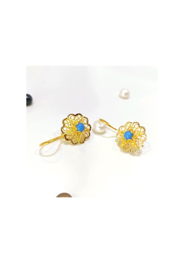 Altın Ürünler 17.5 MM Sallanan Turkuaz Gül Küpe 14 Ayar