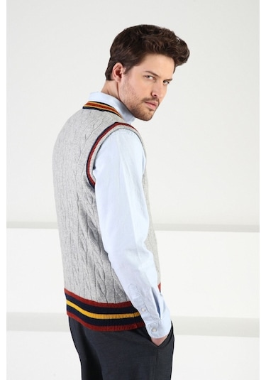 Ferraro Gri Örgü Desenli V Yaka %100 Kuzu Yünü Erkek Süveter