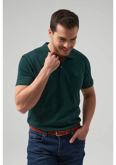 Ds Damat Regular Fit Haki Pike Dokulu %100 Pamuk Kıvrılmaz Polo Yaka Nakışlı T-Shirt 4HC14ORT51000 Haki