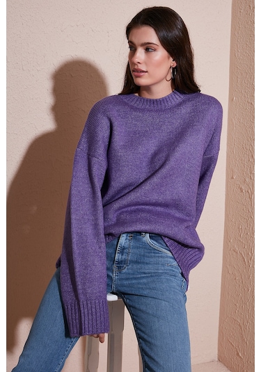 Lela Regular Fit Bisiklet Yaka Basic Triko Bayan Kazak 4616213 Mor