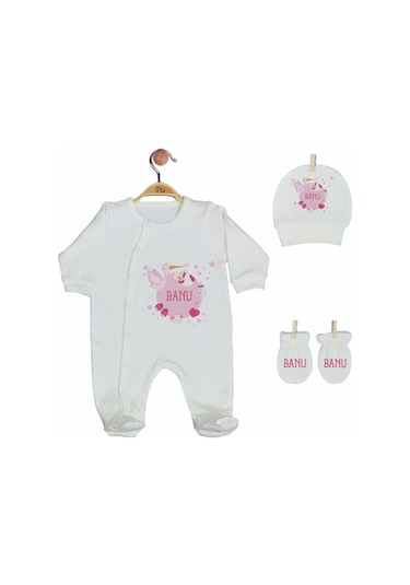 Pia Baby Gl 2005 İsme Özel Leylekli Beşli Tulum Set Krem