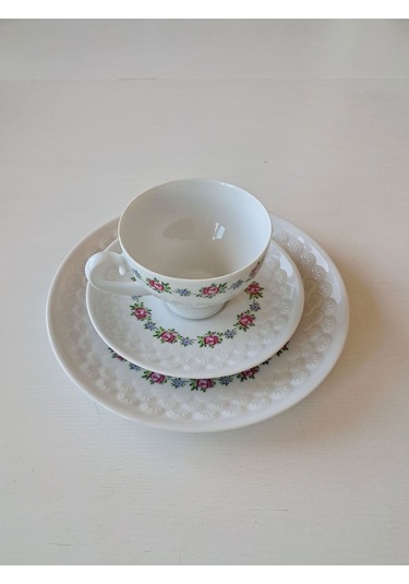 Trio Antıque Tea Cup & Saucer & Plate Üçlü Çay Fincanı Pembe Mavi Pembe-mavi