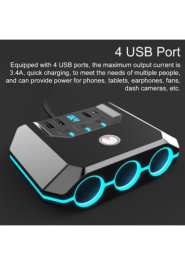 Youtek Siyah Araç Şarj Adaptörü: 3 Çıkışlı Prizi + 4 Usb Hızı 3.4a , Led Voltaj Göstergeli, 12-24v Evrensel, Çoklu Koruma Fonksiyonlu