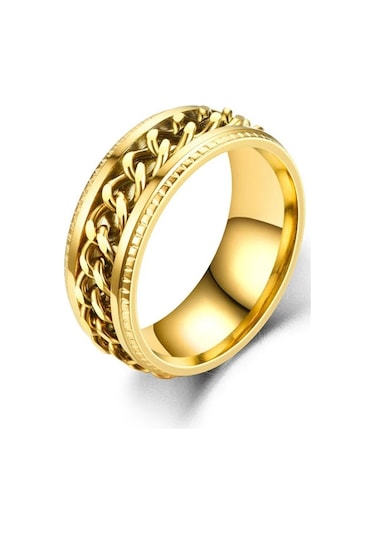 Ortası Dönebilen Zincirli Erkek Kadın Anti-stres Çelik Alyans Yüzük Cl43 Altın - Yeşil