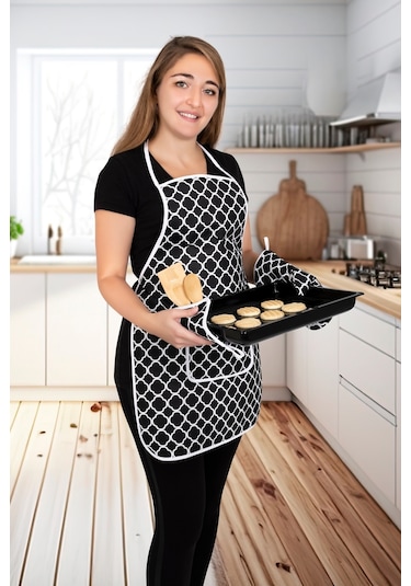 Morlay Mutfak Önlüğü Fırın Eldiveni ve Tutacak Takımı Çeyiz Seti 4'lü Siyah