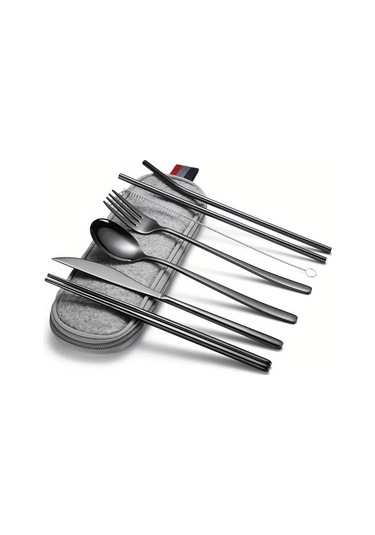 Katlanır Sofra 304 Paslanmaz Çelik Kore Bıçak Çatal Kaşık Çubuklarını Saman Taşınabilir Sofra Seti Seyahat Çubuklarını Siyah