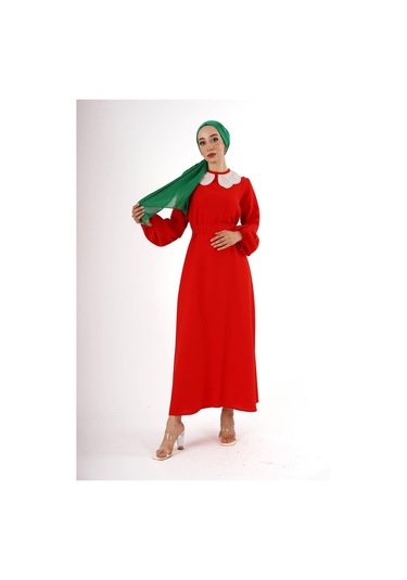 Krep Dantelli Yakalı Elbise Çok Renkli