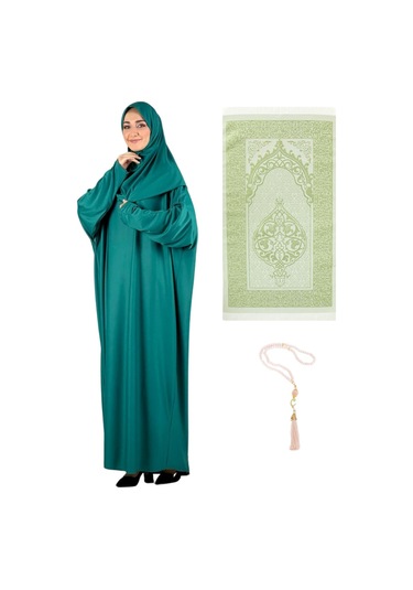 Namaz Elbisesi Eşarp Seccade Tesbih Set, İslami Giyim Takım Ferace Turban Şal Yeşil