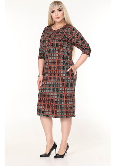Çift Cepli Kışlık Büyük Beden Esnek Elbise 17c-2635 Desenli