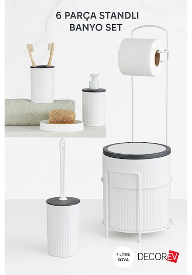 Decorev 6 Parça Standlı Banyo Seti 7 Litre Çöp Kovası, Tuvalet Kağıtlığı, Sabunluk, Fırçalık Banyo Takımı Beyaz - Gri