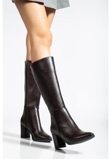 Kadın Topuklu Çizme Siyah Suni Deri Sivri Burun-4207 Siyah