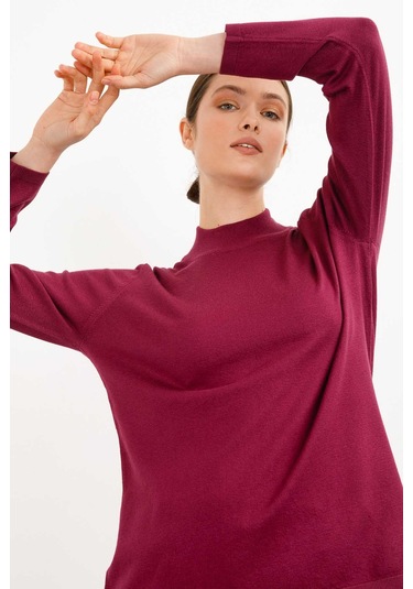 Desen Triko Kadın Likralı Uzun Kol Basic Yarım Balıkçı Bluz 0240016 Mürdüm Mürdüm