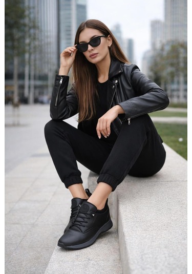 Aymood Streç Günlük Kadın Ayakkabı Siyah Cilt Si Yah