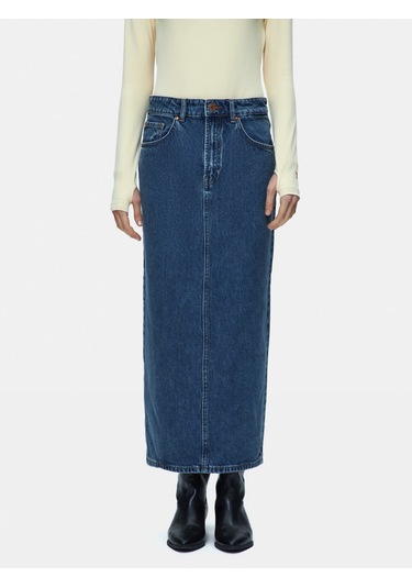 Danıca Skırt Uzun Boy Yırtmaçlı Mavi Jean Etek Mavi