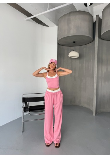 Kadın Çift Kat Detaylı Modal Dokulu Alt Üst Takım Pembe