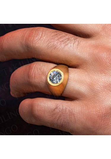 925 Ayar Gümüş Altın Kaplama Yuvarlak Beyaz Zirkon Taşlı Sade Erkek Yüzük Altın