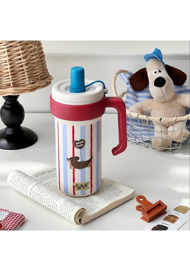 Big Mac Buz Kupası 316 Paslanmaz Çelik Yalıtım Kupası Büyük Kapasiteli Sevimli Kız Yüksek Yüzlü Pipet Kahve Fincanı Aşk Köpek Yavrusu-1000ml