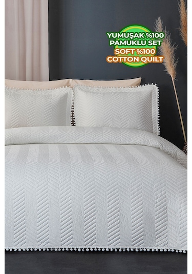 Evlen Home Ponponlu %100 Pamuk Tek Kişilik Günlük Yatak Örtüsü Pike Takımı Seti Krem / Kırık Beyaz