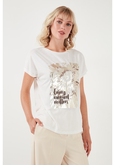 Lela Baskılı Bisiklet Yaka Regular Fit Bayan T Shirt 6671001 Ekru